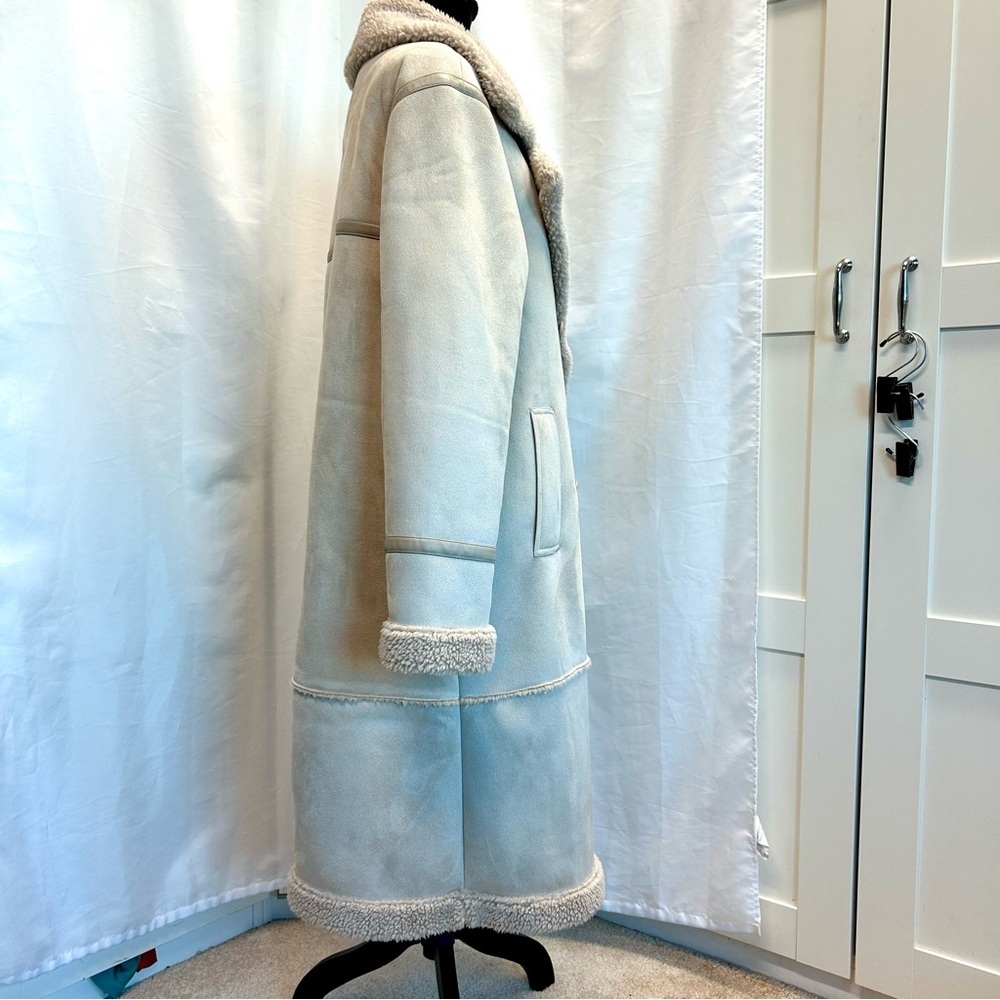 American Eagle double-breasted Vegan faux shearling coat light beige cream Sz L - Picture 5 of 14